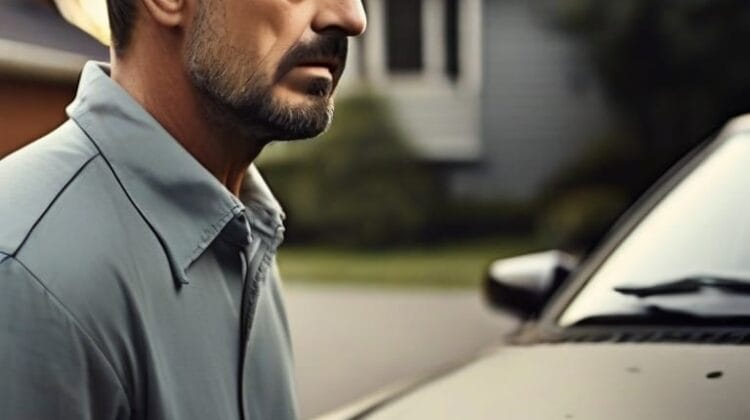 A man with a stubble looking pensive, standing beside a car with its alarms blaring in a suburban setting at dusk.
